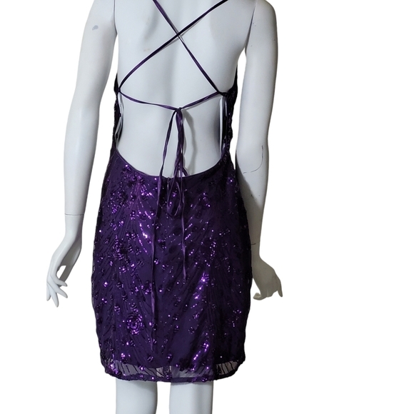 Holiday Party Dress Keep Glowing Purple Sequin Lace Up Bodycon Mini XL - Picture 10 of 13